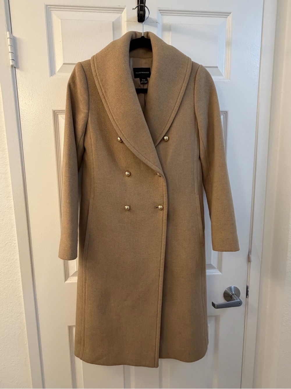 Club Monaco Camel Recycled Wool Double Breasted Coat Gold Buttons XS